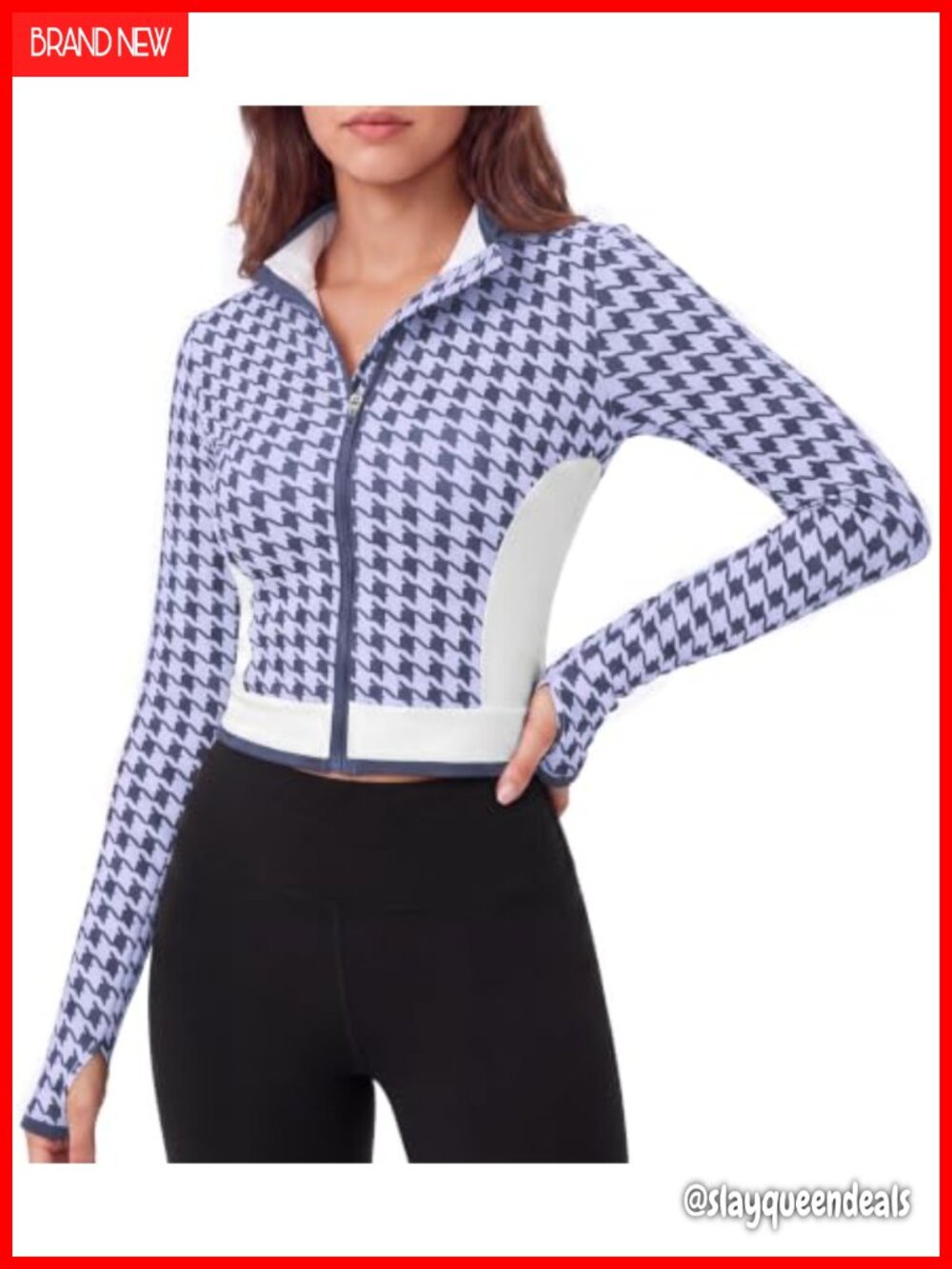 Aoysky Women's Houndstooth Crop Workout Jacket Polyamide Elastane Thumb Holes